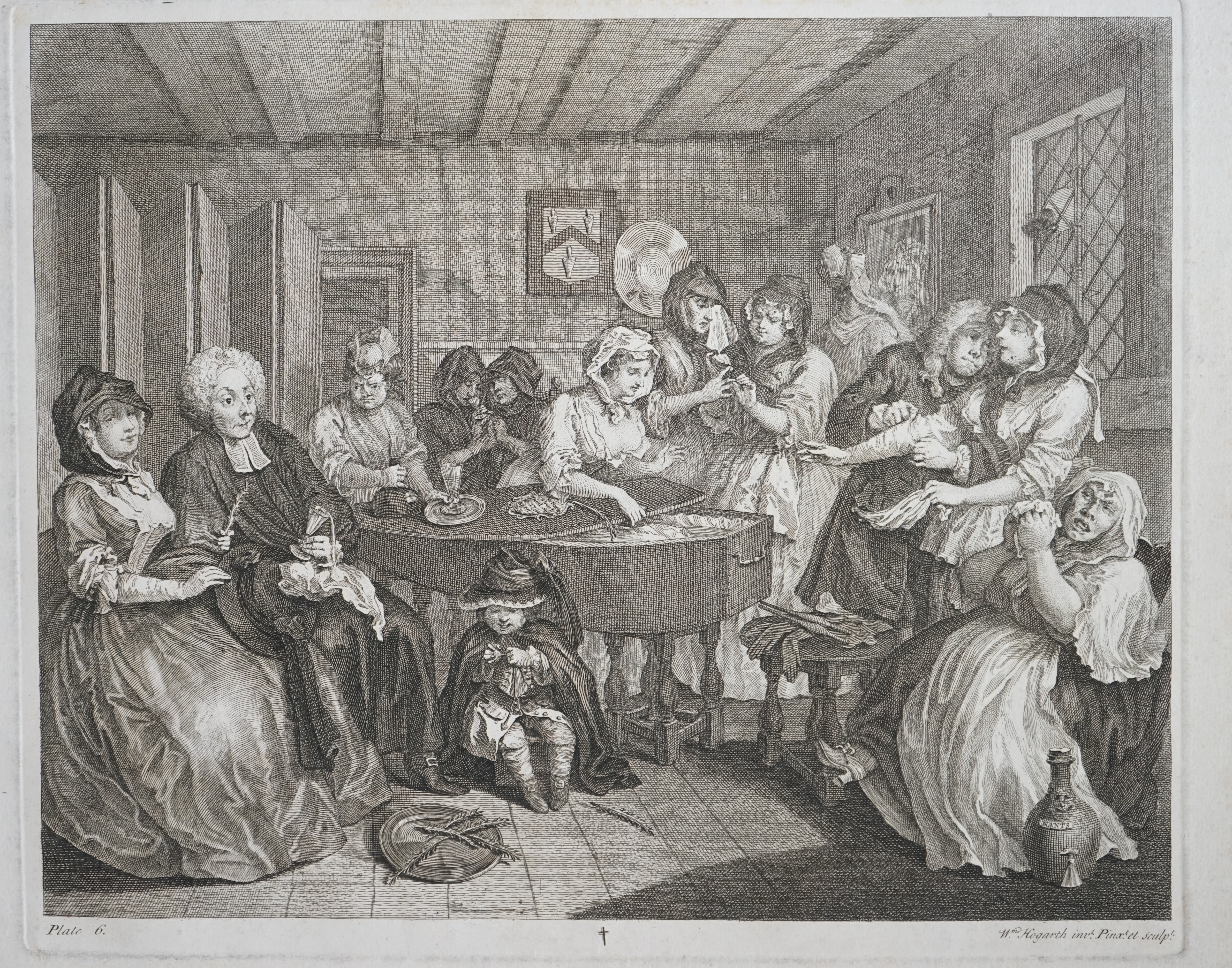 William Hogarth (English, 1697-1764), The Harlots Progress c.1775, Jane Hogarth edition, set of eight engravings, 30.5 x 58cm